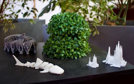 Various 3D printed objects next to some plants